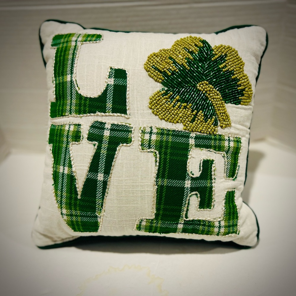Sparkling Beaded Shamrock Plaid St Patrick’s Day Irish Lucky Lane Throw Pillow